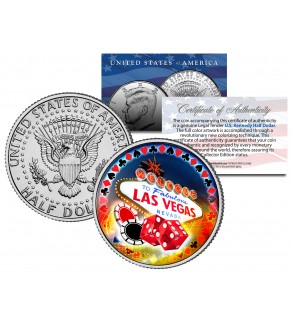 Welcome to LAS VEGAS Sign Colorized JFK Kennedy US Half Dollar - LUCKY COIN Poker Casino