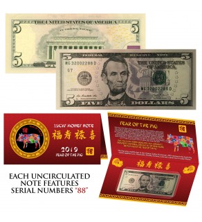 2019 CNY Chinese YEAR of the PIG Lucky Money S/N 88 U.S. $5 Bill w/ Red Folder