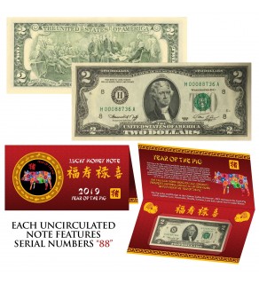 2019 Chinese YEAR of the PIG Lucky Money S/N 88 U.S. 1976 $2 Bill w/ Red Folder