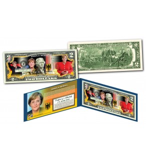 ANGELA MERKEL * Chancellor of Germany * Official Colorized U.S. Genuine Legal Tender U.S. $2 Bill with Certificate & Display Folio