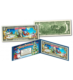 SANTA CLAUS - MERRY CHRISTMAS XMAS Holiday Colorized Legal Tender U.S. $2 Bill with Certificate and Folio 