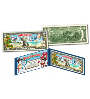 SNOWMAN - MERRY CHRISTMAS XMAS Holiday Colorized Legal Tender U.S. $2 Bill with Certificate and Folio 