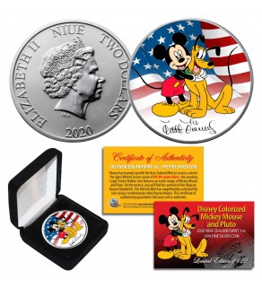 2020 New Zealand Mint Niue 1 oz Pure Silver Colorized MICKEY MOUSE & PLUTO Americana Walt Disney Signature BU Coin (Limited 120)