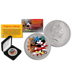 2017 New Zealand Mint Niue 1 oz Pure Silver Colorized Americana Mickey Mouse Disney Steamboat Willie BU Coin (Limited 500)