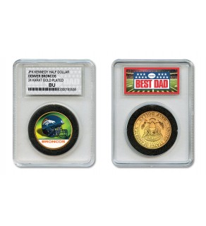 DENVER BRONCOS #1 DAD Licensed NFL 24KT Gold Clad JFK Half Dollar Coin in Special *Best Dad* Sealed Graded Holder 