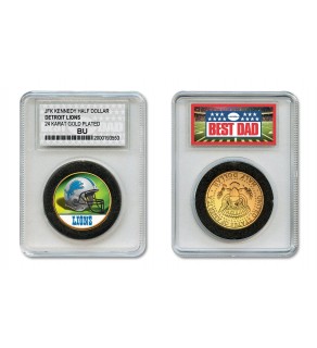 DETROIT LIONS #1 DAD Licensed NFL 24KT Gold Clad JFK Half Dollar Coin in Special *Best Dad* Sealed Graded Holder 