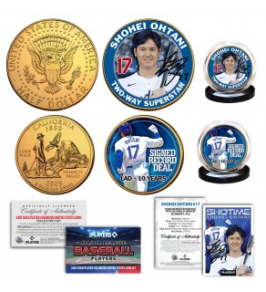 SHOHEI OHTANI Signed Record Deal 1st Ever L.A. DODGERS Officially Licensed 24K Gold Plated 2023 JFK Half Dollar & California Statehood Quarter U.S. 2-Coin Set with Bonus Card Certificate