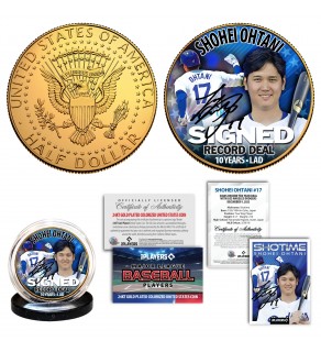 SHOHEI OHTANI Signed Record Deal Dual Image 1st Ever L.A. DODGERS Officially Licensed 24K Gold Plated 2023 JFK Half Dollar U.S. Coin with Bonus Card Certificate