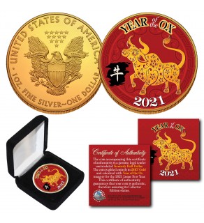 2021 Chinese New Year * YEAR OF THE OX * 24K Gold Plated 1 OZ AMERICAN SILVER EAGLE Coin with DELUXE BOX