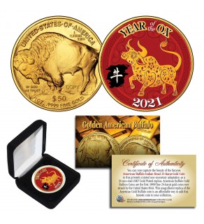 2021 Chinese New Year * YEAR OF THE OX * 24 Karat Gold Plated $50 American Gold Buffalo Indian Tribute Coin with DELUXE BOX