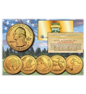 2015 America The Beautiful 24K GOLD PLATED Quarters U.S. Parks 5-Coin Set with Capsules