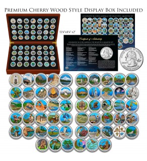 COMPLETE SET of ALL 56 America the Beautiful Parks and National Sites U.S. Quarters Coin Set (2010 thru 2021) * COLORIZED * in Premium Cherry Wood Display Box