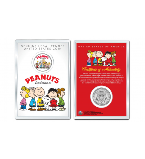 Peanuts " Original Gang w/ Franklin " JFK Kennedy Half Dollar U.S. Coin with 4x6 Lens Display