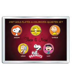 PEANUTS - Then & Now - CHARLIE BROWN - 24K Gold Plated US State Quarter 5-Coin Set w/4x6 - Officially Licensed