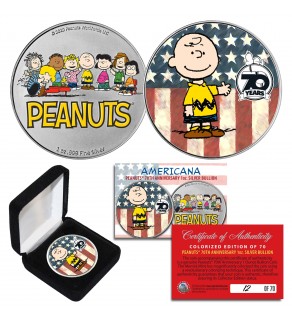 Peanuts AMERICANA 70th Anniversary Charlie Brown & Gang Colorized 2-Sided 1 oz .999 Silver BU Coin - Limited & Numbered of 70 Worldwide with Display Box - OFFICIALLY LICENSED
