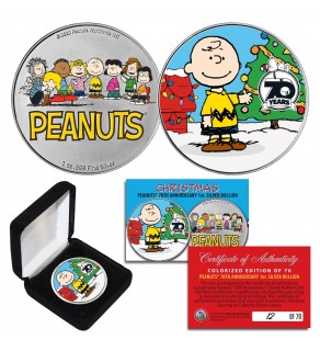 Peanuts CHRISTMAS 70th Anniversary Charlie Brown & Gang Colorized 2-Sided 1 oz .999 Silver BU Coin - Limited & Numbered of 70 Worldwide with Display Box - OFFICIALLY LICENSED