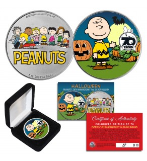 Peanuts HALLOWEEN 70th Anniversary Charlie Brown & Gang Colorized 2-Sided 1 oz .999 Silver BU Coin - Limited & Numbered of 70 Worldwide with Display Box - OFFICIALLY LICENSED