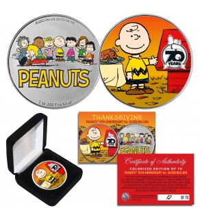 Peanuts THANKSGIVING 70th Anniversary Charlie Brown & Gang Colorized 2-Sided 1 oz .999 Silver BU Coin - Limited & Numbered of 70 Worldwide with Display Box - OFFICIALLY LICENSED