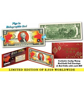 2019 Chinese New Year - YEAR OF THE PIG - Red Hologram Legal Tender U.S. $2 BILL - $2 Lucky Money with Red Envelope - LIMITED & NUMBERED of 2,019 Worldwide  **SOLD OUT**