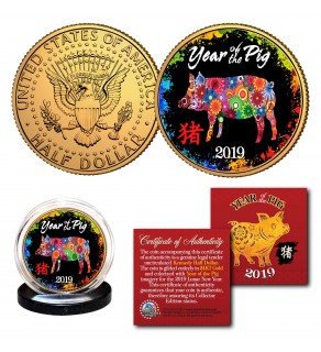 2019 Chinese New Year * YEAR OF THE PIG * 24K Gold Plated JFK Kennedy Half Dollar U.S. Coin - PolyChrome