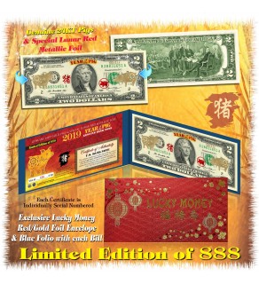 24KT GOLD 2019 Chinese New Year - YEAR OF THE PIG - Legal Tender U.S. $2 BILL * Limited & Numbered of 888 ***SOLD OUT*** 