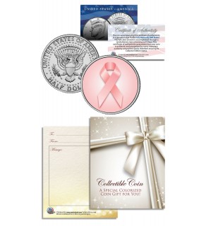 Breast Cancer Awareness - Pink Ribbon - Keepsake Gift JFK Kennedy Half Dollar US Colorized Coin