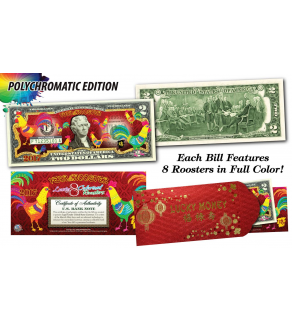 2017 Chinese New Year * YEAR OF THE ROOSTER * POLYCROMATIC 8 COLORIZED ROOSTER’S Genuine Legal Tender U.S. $2 BILL - $2 Lucky Money with Red Envelope