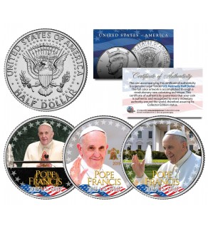 POPE FRANCIS - 2015 U.S. Visit - Colorized 2015 JFK Half Dollar 3-Coin U.S. Set