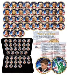 2007-2016 Complete Collection of U.S. PRESIDENTIAL DOLLARS - COLORIZED 2-SIDED EDITION with Deluxe Leatherette Box (Complete Set of all 39 Coins)