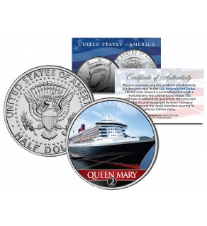 RMS QUEEN MARY 2 Ocean Liner - Colorized JFK Kennedy Half Dollar Coin Collectible - U.S. Legal Tender