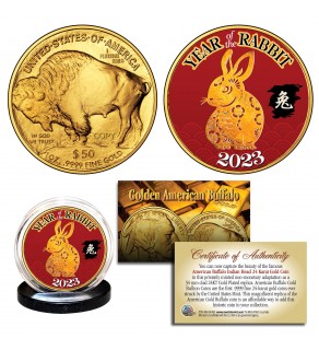 2023 Chinese New Year * YEAR OF THE RABBIT * 24 Karat Gold Plated $50 American Gold Buffalo Indian Tribute Coin