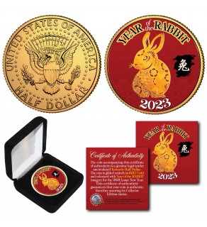 2023 Chinese New Year * YEAR OF THE RABBIT * 24K Gold Plated JFK Kennedy Half Dollar Coin with DELUXE BOX