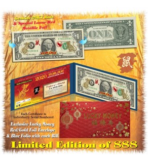 24KT GOLD 2020 Chinese New Year - YEAR OF THE RAT - Legal Tender U.S. $1 BILL * Limited & Numbered of 888
