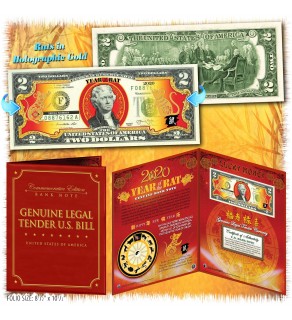 2020 Chinese New Year - YEAR OF THE RAT - Gold Hologram Legal Tender U.S. $2 BILL in Large Collectors Folio Display
