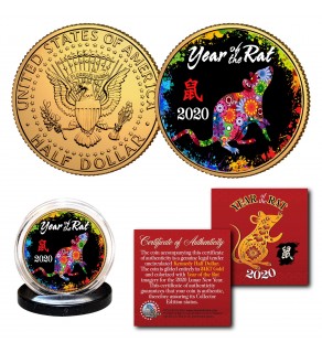 2020 Chinese New Year * YEAR OF THE RAT * 24K Gold Plated JFK Kennedy Half Dollar U.S. Coin - PolyChrome