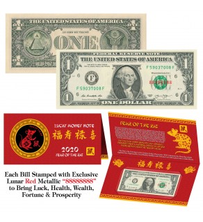 2020 Chinese Lunar New Year YEAR of the RAT Red Metallic Stamp Lucky 8 Genuine $1 Bill w/Folder 