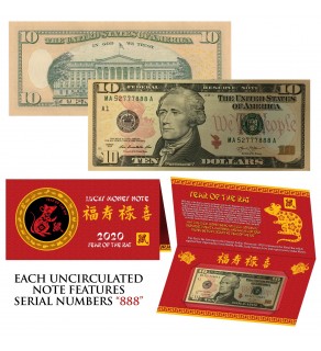 2020 CNY Chinese YEAR of the RAT Lucky Money S/N 888 U.S. $10 Bill w/ Red Folder