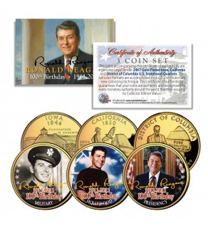RONALD REAGAN - 100th Birthday - 24K Gold Plated U.S. Quarters 3-Coin Set - Life & Times