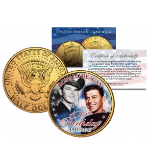 RONALD REAGAN - 100th Birthday - 1911-2011 JFK Kennedy Half Dollar 24K Gold Plated US Coin