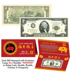 2019 Chinese Lunar New Year YEAR of the PIG Red Metallic Stamp Lucky 8 Genuine $2 Bill w/Folder