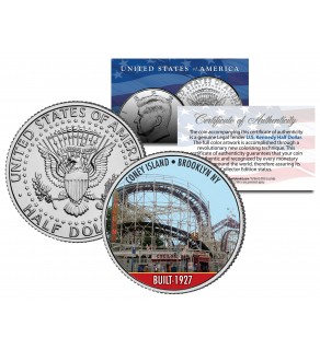 CONEY ISLAND CYCLONE Roller Coaster - Colorized JFK Kennedy Half Dollar U.S. Coin - BROOKLYN NY