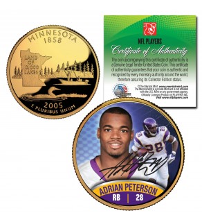 ADRIAN PETERSON Colorized Minnesota Statehood Quarter 24K Gold Plated Coin VIKINGS - Officially Licensed