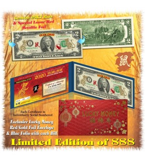 24KT GOLD 2020 Chinese New Year - YEAR OF THE RAT - Legal Tender U.S. $2 BILL * Limited & Numbered of 888