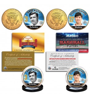 SHOHEI OHTANI & BABE RUTH Baseball Greats Set Officially Licensed 24K Gold Plated Genuine JFK Kennedy Half Dollar U.S. 2-Coin Set