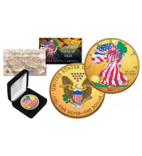 Dual 24K GOLD GILDED & COLORIZED 2-Sided 1 Troy Oz. 2018 Silver Eagle U.S. Coin with Deluxe Felt Display Box