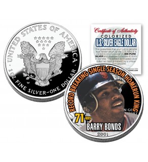 BARRY BONDS 2001 American Silver Eagle Dollar 1 oz U.S. Colorized Coin 71 HOMERUNS - Officially Licensed