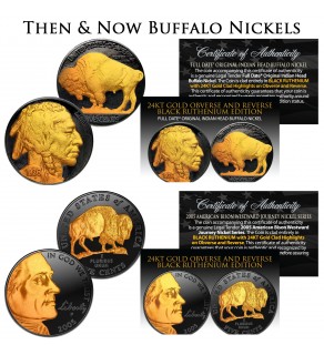 THEN & NOW 1936 Buffalo Nickel and 2005 American Bison Westward Journey Nickel in BLACK RUTHENIUM with 24KT Gold Clad Hightlights 2-Coin Set