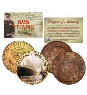 1912 TITANIC - 100th Anniversary - 2-Coin Set 24K JFK Half Dollar & 1912 UK Penny