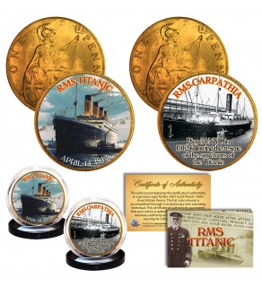 RMS TITANIC & RMS CARPATHIA 1900’s Gold Clad Great Britain Pennies 2-Coin Set - Legal Tender