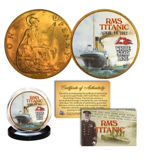 RMS TITANIC - April 14, 1912 - Colorized 1900’s Gold Clad Great Britain Penny - Legal Tender